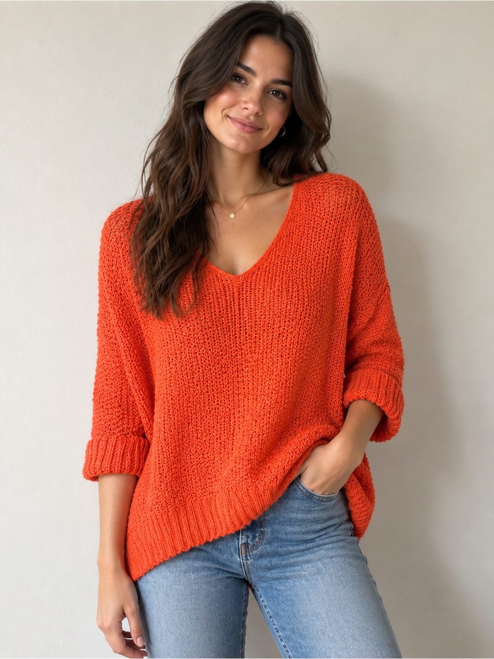She + Sky Coral Orange V-Neck Knit Pullover Sweater